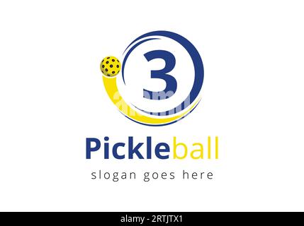 Erstes 3-Buchstaben-Alphabet mit Pickleball-Logo-Konzept mit beweglichem Pickleball-Symbol Stock Vektor