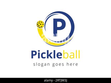 Anfangsbuchstabe mit „Pickleball“-Logo und beweglichem „Pickleball“-Symbol Stock Vektor