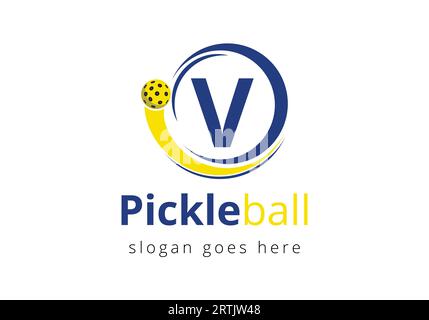 Anfangsbuchstabe V mit Pickleball-Logo Konzept mit beweglichem Pickleball-Symbol Stock Vektor