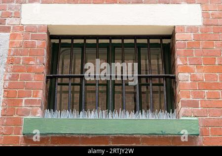 Vergittertes Gefängnisfenster mit Glasscherben an der Basis des Fensterrahmens Stockfoto