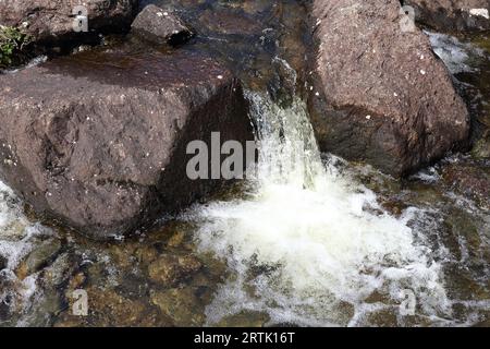 Rapids auf einem klaren Gebirgsbach Schaum weiß mit Sauerstoff, während er flussabwärts über Felsen fließt. Stockfoto