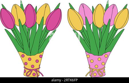 Set mit 2 bunten Blumensträußen aus Geschenkpapier in trendigen Farben in sanftem Pink und Gelb. Aufkleber. Symbol. Isolieren. Hallo Frühling. Design für Poster, Banner, Karten, Etiketten oder Web Stock Vektor