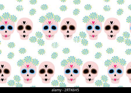 Nahtloses Muster aus 2 Sugar Skull und Blumen in trendigen, weichen Farbtönen. Happy Day of the Dead. Mexiko. Vektorhintergrund für Verpackung, Grußkarten oder Einladungskarten, Poster, Banner, Preisschild, Etikett oder Web Stock Vektor