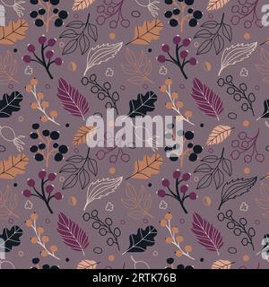 Nahtloses Vektormuster mit Blättern und Beeren in gemütlichen Farben. Handgezeichneter Vektorhintergrund für Scrapbooking, Textil- oder Buchumschläge, Tapeten Stock Vektor