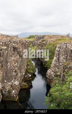 Thingvellir Nationalpark Island Kontinentalscheide - tektonische Drift zwischen nordamerikanischer Platte und eurasischer Platte. Þingvellir - Island. Stockfoto