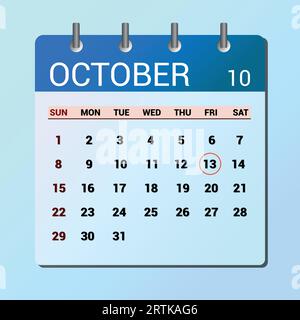 Weißer Block Kalender präsentieren Datum 13 und Monat Oktober auf Holz Hintergrund. Stock Vektor