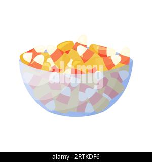 Bonbonkerne in transparenter Schüssel. Flache Vektorillustration. Traditionelles Weihnachtsdessert, Süßigkeiten für Halloween-Feierlichkeiten. Gestreifte Kürbisbonbons Stock Vektor