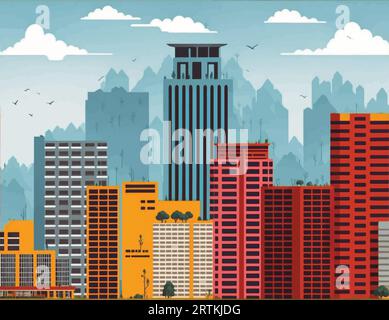 Städtischer Landschaftshintergrund mit hohen Wolkenkratzern Stock Vektor