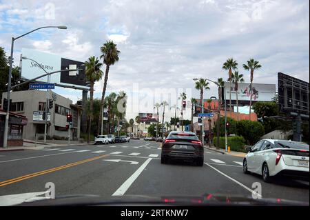 Aus der Autosicht auf Plakatwände, Sunset Strip, Los Angeles, Kalifornien Stockfoto