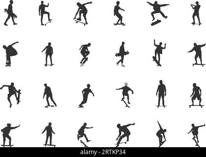 Skateboard-Silhouette, Skateboard-Silhouette, Skateboard-Silhouetten, Skateboard-Vektor, Leute-Skateboarding, Skateboarding-Paket. Stock Vektor