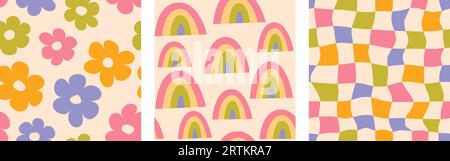 Grooviger nahtloser Hintergrund. Wiederkehrende Retro-Kollektion aus Regenbögen, Gänseblümchen und kariertem Muster. Vintage psychedelische Schachbretttapeten. Verzerrter, farbenfroher Hintergrund im Stil der 60er und 70er Jahre. Vektor Stock Vektor