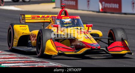 10. September 2023 Monterey, CA, USA Fahrer Romain Grosjean (28) führt die Mannschaft an, die beim Firestone Grand Prix von Monterey, NTT IndyCar Championship auf dem WeatherTech Raceway Laguna Seca Monterey, CA Thurman James/CSM, sofort nach Hause kommt Stockfoto