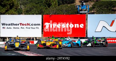 10. September 2023 Monterey, CA, USA Fahrer Pato O'Ward (5) führt die Mannschaft an, die sofort beim Firestone Grand Prix von Monterey NTT IndyCar Championship auf dem WeatherTech Raceway Laguna Seca Monterey, CA Thurman James/CSM nach Hause kommt Stockfoto