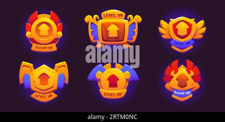 Logo-Symbol für die Level-Up-benutzeroberfläche und Design für Bonusbelohnungsvektoren. Wenn Sie Erfolg haben, können Sie eine Medaille einstufen. Symbol für das Popup-Emblem des Gold gui-Casino-Preises. Label für mobile App Experience für den Sieg mit Pfeil und Flügeln Stock Vektor