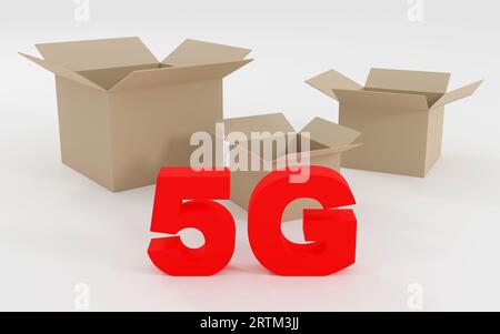 Beschriftung rot 5 g auf grauem Podium, weiches Licht, Vorderansicht mit glattem Hintergrund, 3D-Rendering Stockfoto