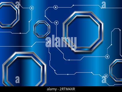 Blauer abstrakter Technologiehintergrund mit glänzenden Achtecken und Leiterplattenlinien. Futuristisches Vektordesign Stock Vektor