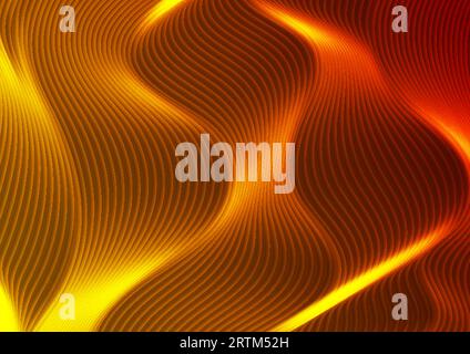 Abstraktes futuristisches, feuriges orangefarbenes Neon-Design mit wellenförmigen Linien. Geschwungener 3D-TECH-Hintergrund mit fließenden Wellen. Vektorillustration Stock Vektor