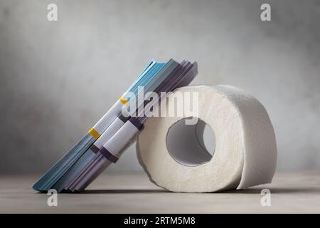 Mehrere Geldpakete und eine Rolle Toilettenpapier auf abstraktem Hintergrund, ein Konzept zum Thema Währungsabwertung und -Abwertung Stockfoto