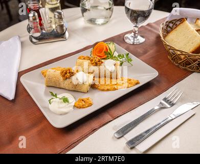 Pfannkuchen, gefüllt mit Hackfleisch und garniert mit Eintopf Stockfoto