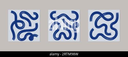 Auffällige, unordentliche Pinselstriche, Wandbilder, Poster-Set. Kurvenförmiger blauer wellenförmiger Pinselstrich. Stock Vektor