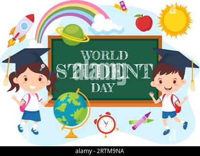 World Students Day Vector Illustration am 15. Oktober mit Student, Book, Globe und mehr für Web Banner oder Poster in Kids Cartoon Background Design Stock Vektor