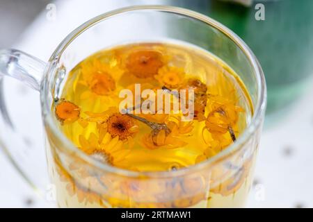 Glasbecher mit heißem Wasser und Ringelblumen oder Ringelblumen für eine Kräutertee-Infusion, Nahaufnahme Stockfoto