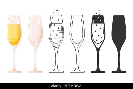 Glyphe-Set mit flacher Silhouette aus Champagnerglas. Sekt Alkohol Weißwein Fizz klar Weinglas editierbare Linie Kontur ausgeschnitten Stempeldruck schwarz Icon Banner Postkarte Grußkarte isoliert Stock Vektor