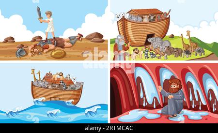 Illustrierte Szenen mit biblischen Geschichten über die Arche Noah und David und Goliath Stock Vektor