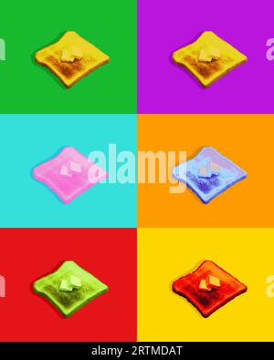 Collage zeitgenössischer Kunst. Moderne, kreative Kunstwerke. Buntes Bilderset aus bemalten Sandwiches. Konzeptionell inspirierende Hintergrundbilder für Werbung. Stockfoto