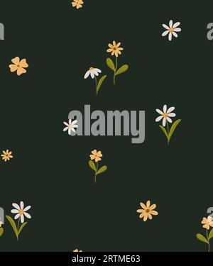 Nahtloses minimalistisches Muster mit einfachen Gänseblümchen. Endlose Kamille auf dunkelgrünem Hintergrund im skandinavischen Stil. Stilisiertes, digitales Blumendesign Stockfoto