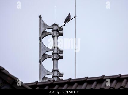 Rech, Deutschland. September 2023. Eine Taube sitzt auf einer elektronischen Sirene, die auf dem Dach des Gemeindezentrums in Rech an der Ahr installiert wurde. Am heutigen bundesweiten Warntag löst das Bundesamt für Katastrophenschutz und Katastrophenhilfe (BBK) eine Warnung aus. An vielen Stellen werden dann auch um 11,00 die Sirenen schrillen. Quelle: Thomas Banneyer/dpa/Alamy Live News Stockfoto