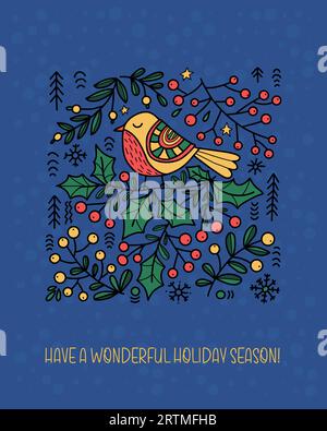 Weihnachtsgrüßkarte. Folk Art Vogel mit Beeren, stechpalme auf blauem Hintergrund. Vertikale Vektordarstellung. Weihnachtliches Volksmotiv Stock Vektor