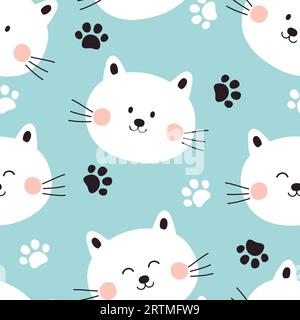 Nahtloses Cat-Muster. Vektorillustration mit niedlichen Katzen und Fußpfoten. Stock Vektor