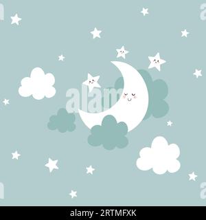 Niedlicher Hintergrund mit schlafendem Mond, Sternen und Wolken. Vektorillustration. Stock Vektor