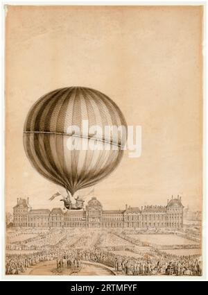 Start des Aerostatic-Globus-Wasserstoffballons von Jacques Charles und Marie-Noel Robert aus dem Jardin des Tuileries in Paris am 1. Dezember 1783, gezeichnet von Sergent-Marceau (möglicherweise), 1783-1784 Stockfoto