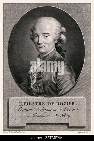 Jean-Francois Pilâtre de Rozier (1754–1785), französischer Chemie- und Physiklehrer und einer der ersten Pioniere der Heißluftballonfahrt, Porträtgravur von Legrand nach André Pujos, 1780-1800 Stockfoto