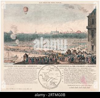 Der Wasserstoffballon von Jacques Charles und Marie-Noël Robert steigt am 1. Dezember 1783 aus dem Tuileries-Garten in Paris auf, bei der ersten bemannten Wasserstoffballonfahrt, handfarbige Ätzung von Benoît Louis Prévost, 1783 Stockfoto