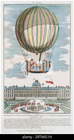 Der erste bemannte Wasserstoff-Ballonflug startete am 1. Dezember 1783 von der Jardin des Tuileries in Paris aus, gesteuert von Jacques Charles und Marie-Noel Robert, handfarbige Ätzung, 1783 Stockfoto