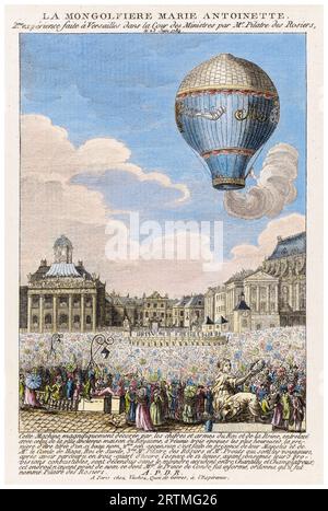 Der Heißluftballon Marie Antoinette startete in Versailles vor König Ludwig XVI. Und König Gustav III. Von Schweden, pilotiert von Jean-Francois Pilâtre de Rozier und dem französischen Chemiker Joseph Louis Proust am 23. Juni 1784, handkolorierte Ätzungen von Nicolas Francois Levachez, 1784-1789 Stockfoto