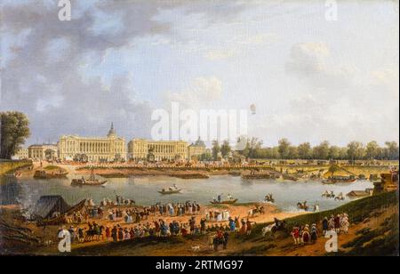 Der erste bemannte Wasserstoff-Ballonflug von Jacques Charles über den Place de la Concorde, Paris am 1. Dezember 1783, Gemälde in Öl auf Leinwand von Pierre-Antoine Demachy, 1783-1784 Stockfoto