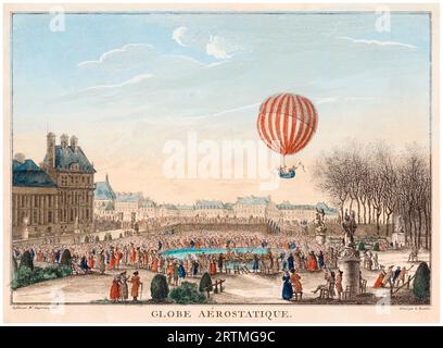 Erster bemannter Wasserstoffballonflug. Jacques Charles und Marie-Noel Robert, der Ballon, der am 1. Dezember 1783 aus dem Tuileriegarten in Paris aufsteigt, handkolorierte Ätzungen von Louis-Alexandre Boutelou, nach Duperreux, 1783 Stockfoto