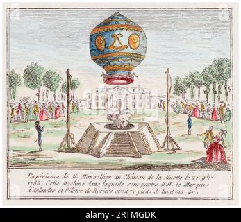 Jean-Francois Pilâtre de Rozier und der Marquis d’Arlands unternahmen am 21. November 1783 den ersten bemannten Flug in einem Montgolfier-Heißluftballon vor König Ludwig XVI. Aus dem Garten der Château de la Muette. Handfarbige Gravur, 1783 Stockfoto