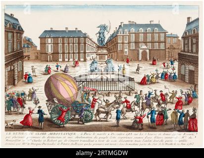 Die Rückkehr des Aerostatic Globe Wasserstoffballons nach Paris am Dienstag, den 2. Dezember 1783, nach dem erfolgreichen Flug von Jacques Charles und Marie-Noël Robert am Tag zuvor. Handfarbige Gravur, 1783 Stockfoto