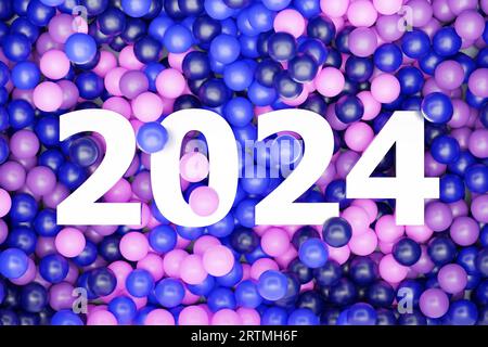 Frohes Neues Jahr 2024. Volumetrische mehrfarbige Zahlen von 2024 auf mehrfarbigem Hintergrund mit Kugeln. Trendiger Weihnachtshintergrund mit Glaskugeln. Stockfoto