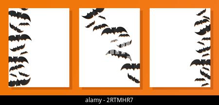 Set mit Bannerdesigns für Happy Halloween mit Fledermäusen. Weiße Vorlagen auf orangefarbenem Hintergrund. Vektor Stock Vektor