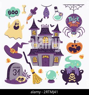 Niedliche Halloween-Illustration mit 15 isolierten bunten Cliparts. Gruselige halloween-Elemente, um eine gruselige Nacht zu feiern: Ein Spukhaus, ein lustiger Geist, Stock Vektor