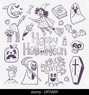 Niedliche Halloween-Doodle-Illustration mit 16 isolierten handgezeichneten Cliparts. Gruselige halloween-Elemente, um eine gruselige Nacht zu feiern: Lustiges Hexenfliegen, sc Stock Vektor