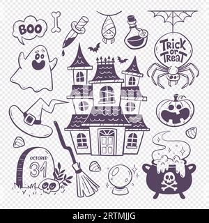 Niedliche Halloween-Doodle-Illustration mit 15 isolierten handgezeichneten Cliparts. Gruselige halloween-Elemente, um eine gruselige Nacht zu feiern: Ein Spukhaus, ein Spaß Stock Vektor