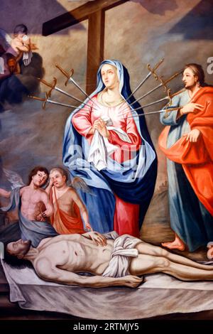 Die Barockkirche Mariä Himmelfahrt. Die sieben Doloren der seligen Jungfrau Maria. Cordon. Frankreich. Stockfoto