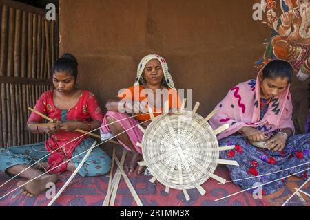 Adivasi-Frauen, die Körbe in einem Dorf im Bezirk Narmada, Gujarat, Indien, herstellen Stockfoto